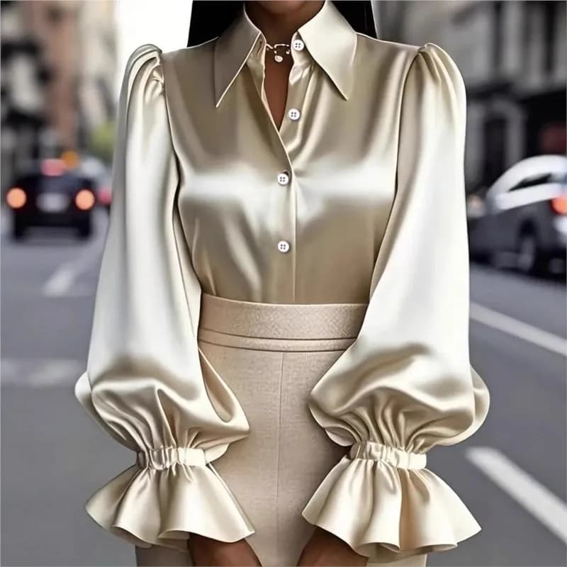 Camicia da donna in raso con risvolto a maniche lunghe con maniche a sbuffo solide di nuovo stile pendolarismo Abbigliamento da donna Camicette da matrimonio alla moda primavera autunno