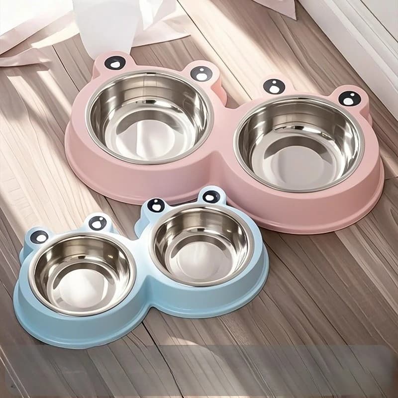 Frog shaped stainless steel cat and dog food bowl pet bowl anti rollover dual bowl integrated pet supplies
