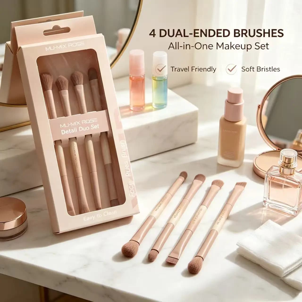 4-piece set of dual-headed makeup brushes. Multi-functional eye and face makeup set with interchangeable brushes.