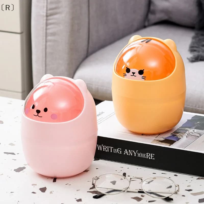 maveraR carino cartone animato contenitore di stoccaggio con coperchio cestino per rifiuti desktop secchio di stoccaggio dei rifiuti mini pennelli contenitore per trucco per la casa