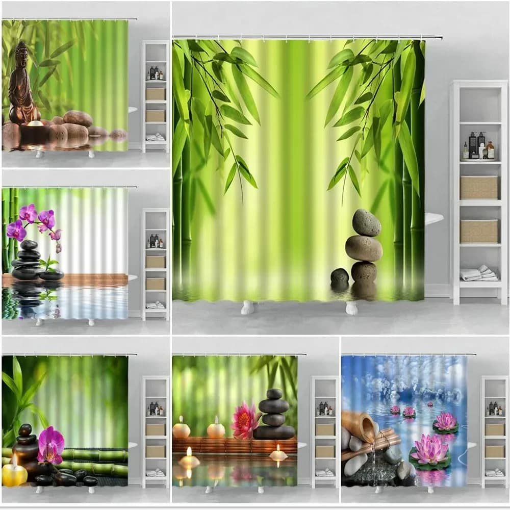 VIKAMA Tenda da doccia da giardino in stile Zen - Articolo decorativo per interni - Tenda da doccia in tessuto poliestere decorato per bagno