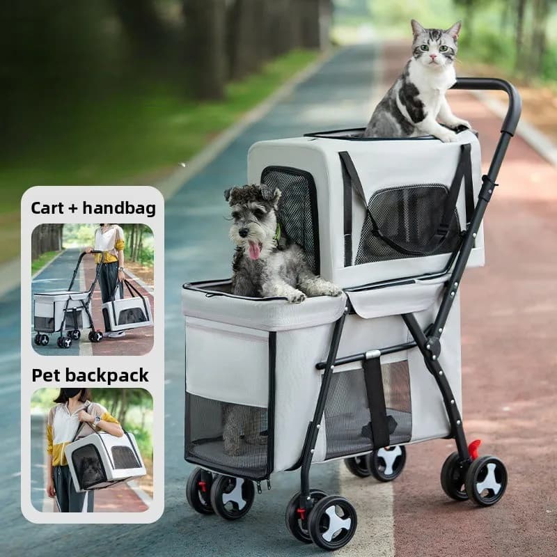 Carrello per animali domestici a 2 strati Passeggino da viaggio leggero pieghevole per animali domestici Carrello per cani traspirante ventilato Trasportini per cani multifunzionali