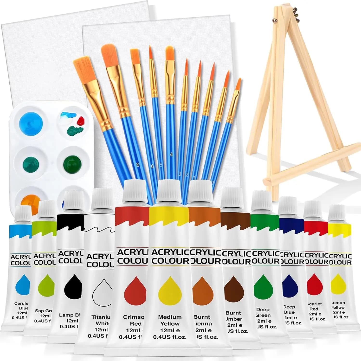 26 Pcs Acrylic Paint Set with 12 Colors, 10 Brushes, 2 Canvas, Wood Easel, Painting Supplies for Kids Adults Beginners