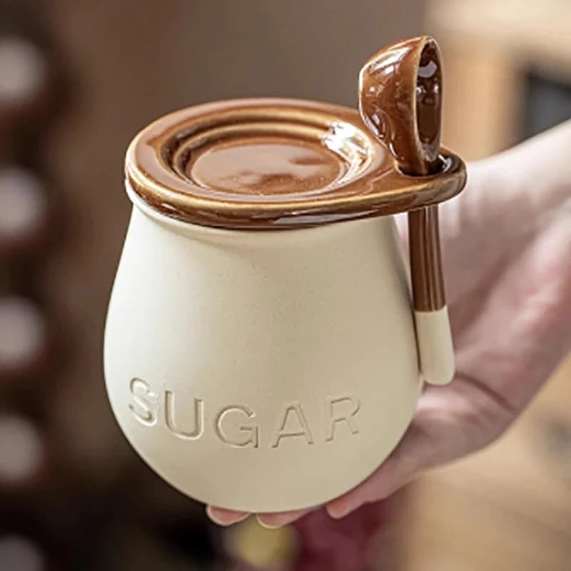 Set di Barattoli Vintage in Ceramica per Spezie con Coperchio e Cucchiaio, Contenitore Creativo per Sale, Zucchero e Olio, Utensili da Cucina Originali