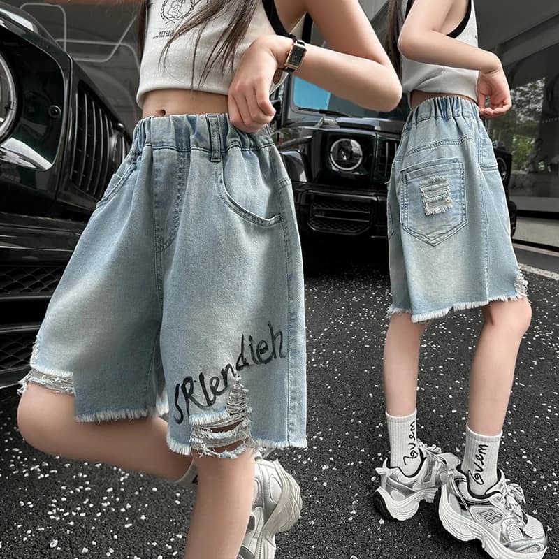 y2k Bambini Ragazze Pantaloncini di jeans rotti a vita alta per abbigliamento da strada Tweens Bambino Estate Design Loose Fit Jeans strappati Capris 5-14Y