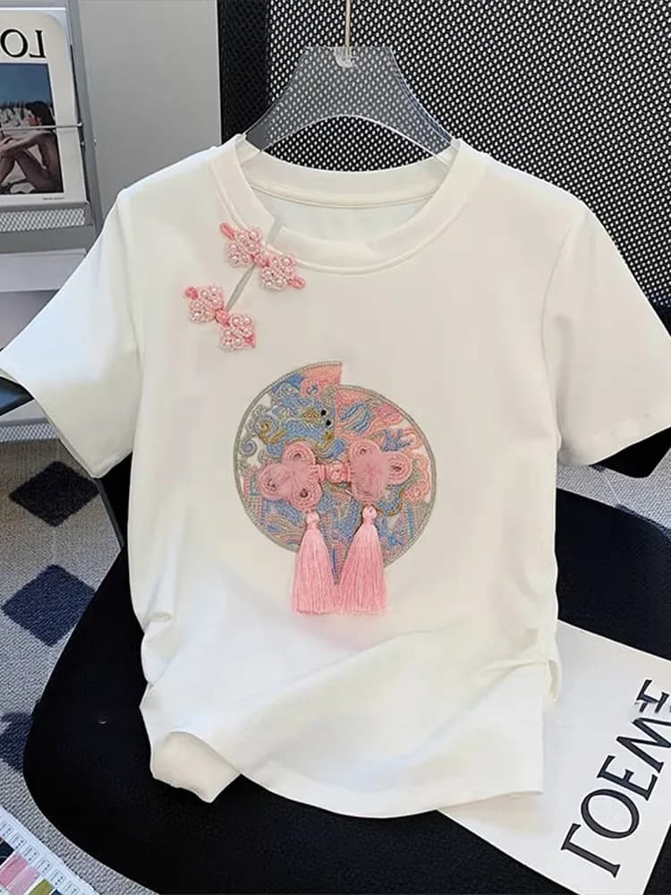 New Chinese Style Women's Short Sleeve T-Shirt Embroidered Button Waist Cinching Shoulder Appropriate Summer plus Size Slimmi...
