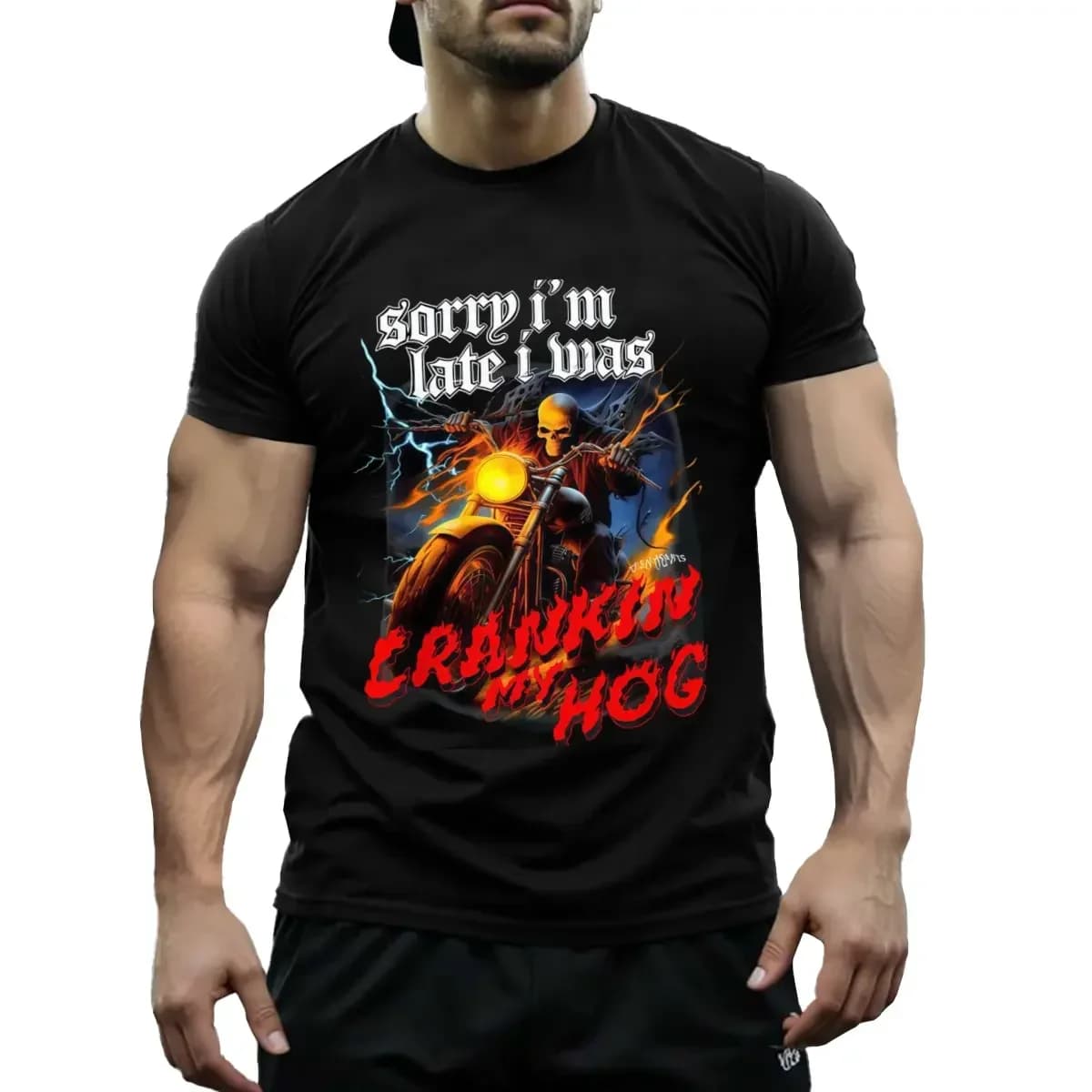 Funny Biker Life Sorry Im Late I Was Crankin My Hog Horror Skeleton Motorcycle Ride T Shirt for Men