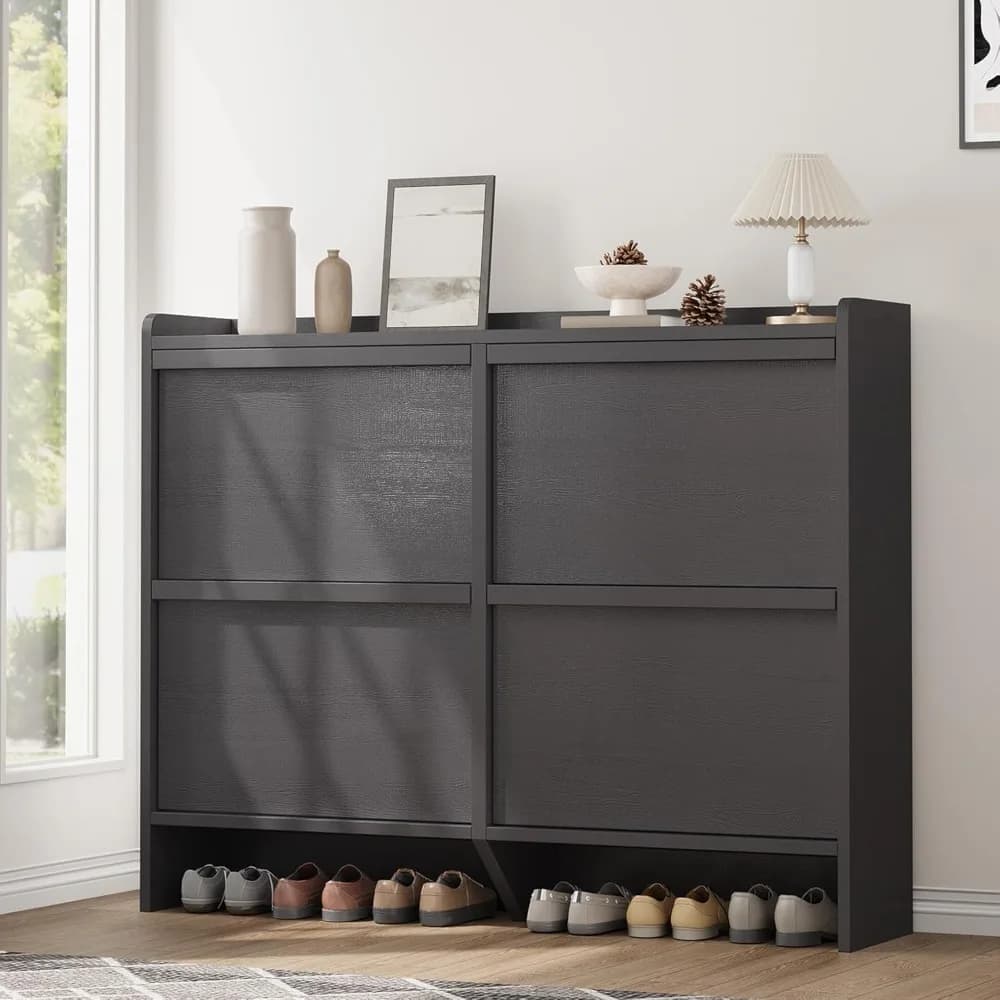 GarveeHome Scarpiera con 4 cassetti ribaltabili, scarpiera organizer in legno con ripiano regolabile, scarpiera per ingresso, Hid
