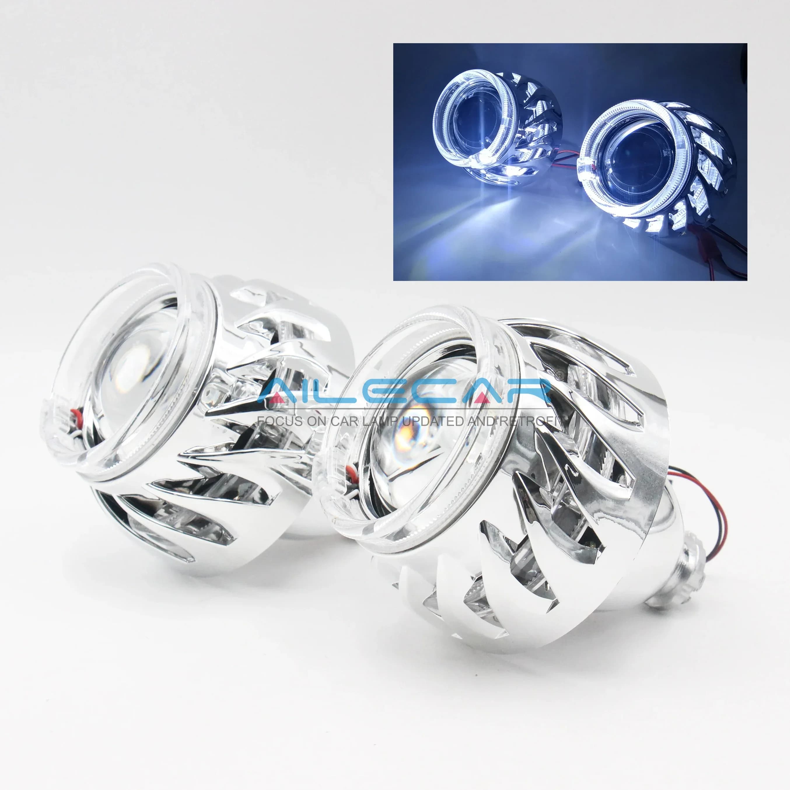 ALECAR All'ingrosso 2.5 pollici Mi ni H1 turine cover bi xenon faro lente del proiettore con doppio led occhi angelo multicolori