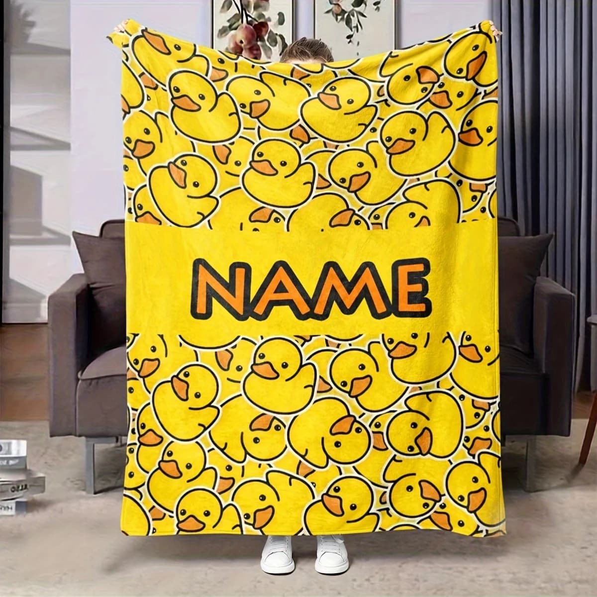 Customizable Name Yellow Duck Down Blanket - Comfortable All-Season Polyester Blanket with Adorable Duck Design,