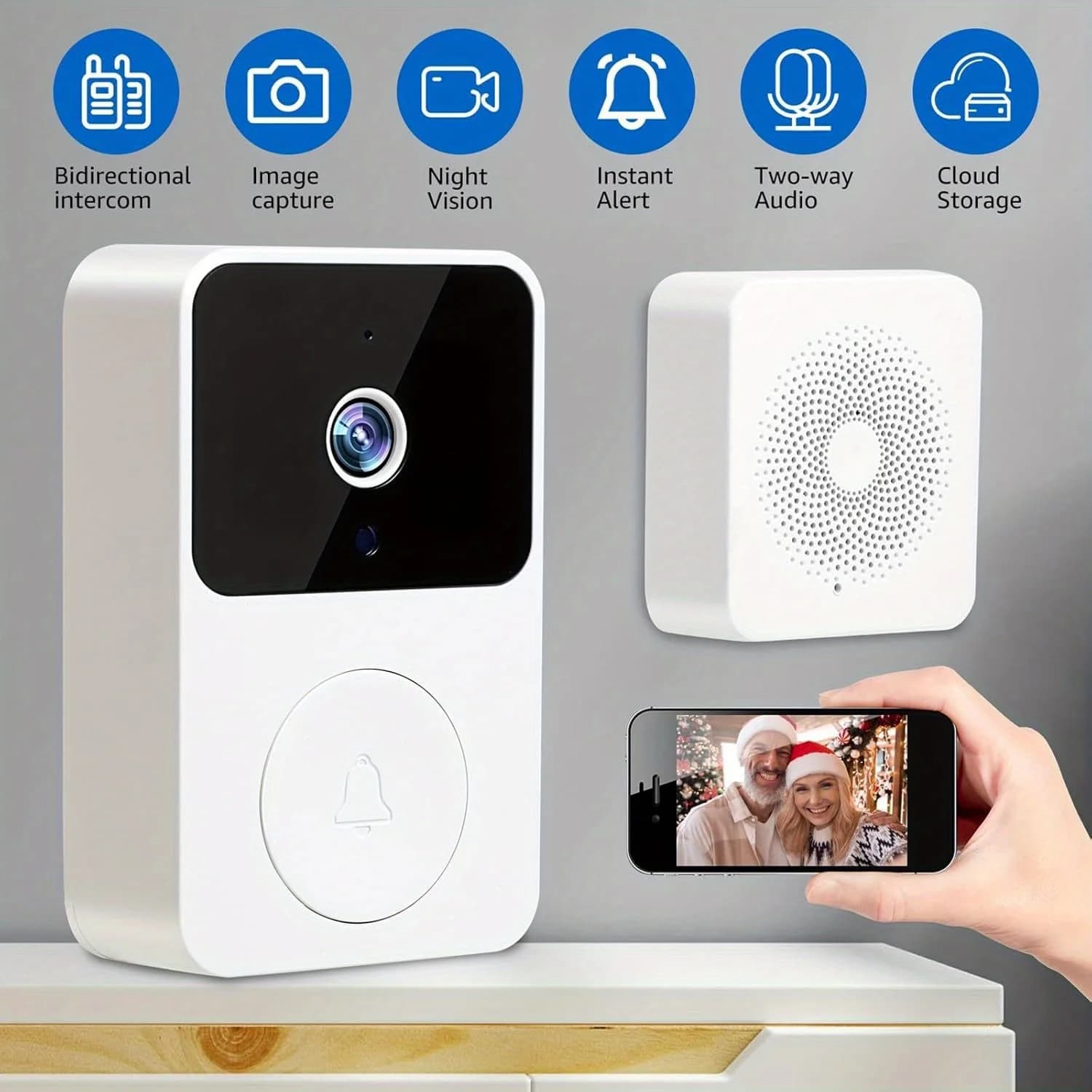 Videocamera per campanello wireless con conversazione bidirezionale, presa USB, telecomando per app, installazione autoadesiva, per la sicurezza domestica