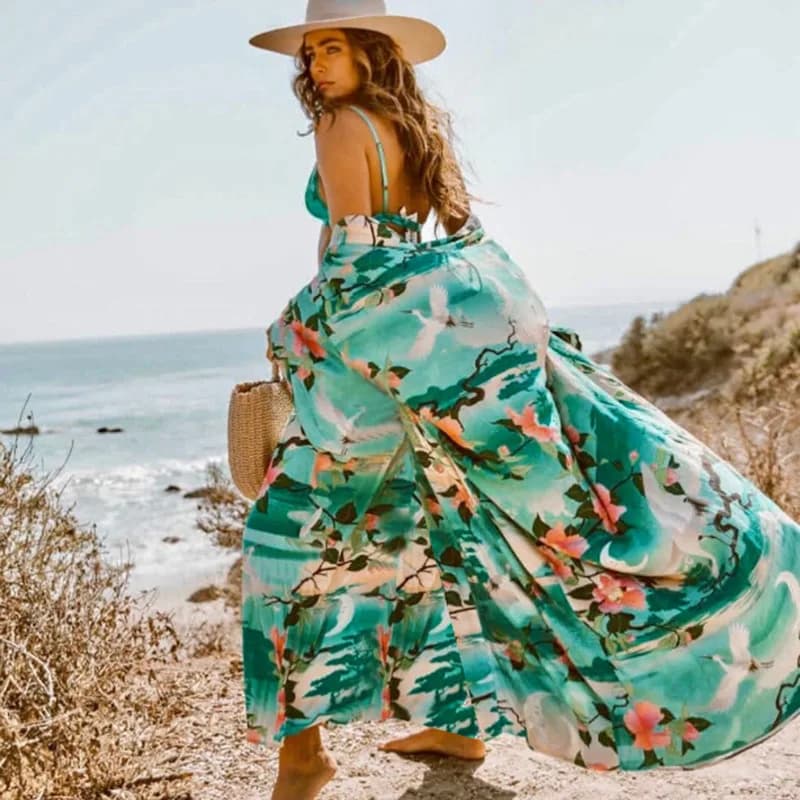 Copricostume da spiaggia da donna Kimono stampato con gru verde Abito in viscosa con cintura automatica Costume da bagno Mantello Costumi da bagno per le vacanze estive