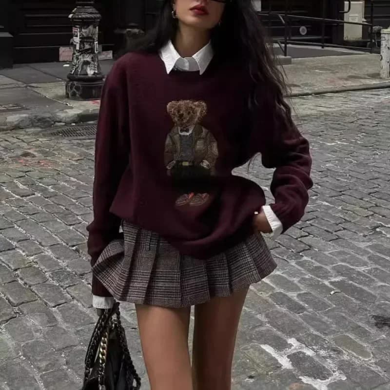 Zekye Maglione invernale da donna Abbigliamento Orso ricamato Girocollo Maglione slim fit Cartoon College Style lavorato a maglia oversize Y2k