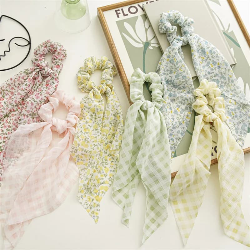 Chip Flower Grid Print Bow Hair Scarf Hair Scrunchies Chiffon Floral Scrunchie Hair Bands Ponytail Holder Scrunchy Ties 34cm 1Pc