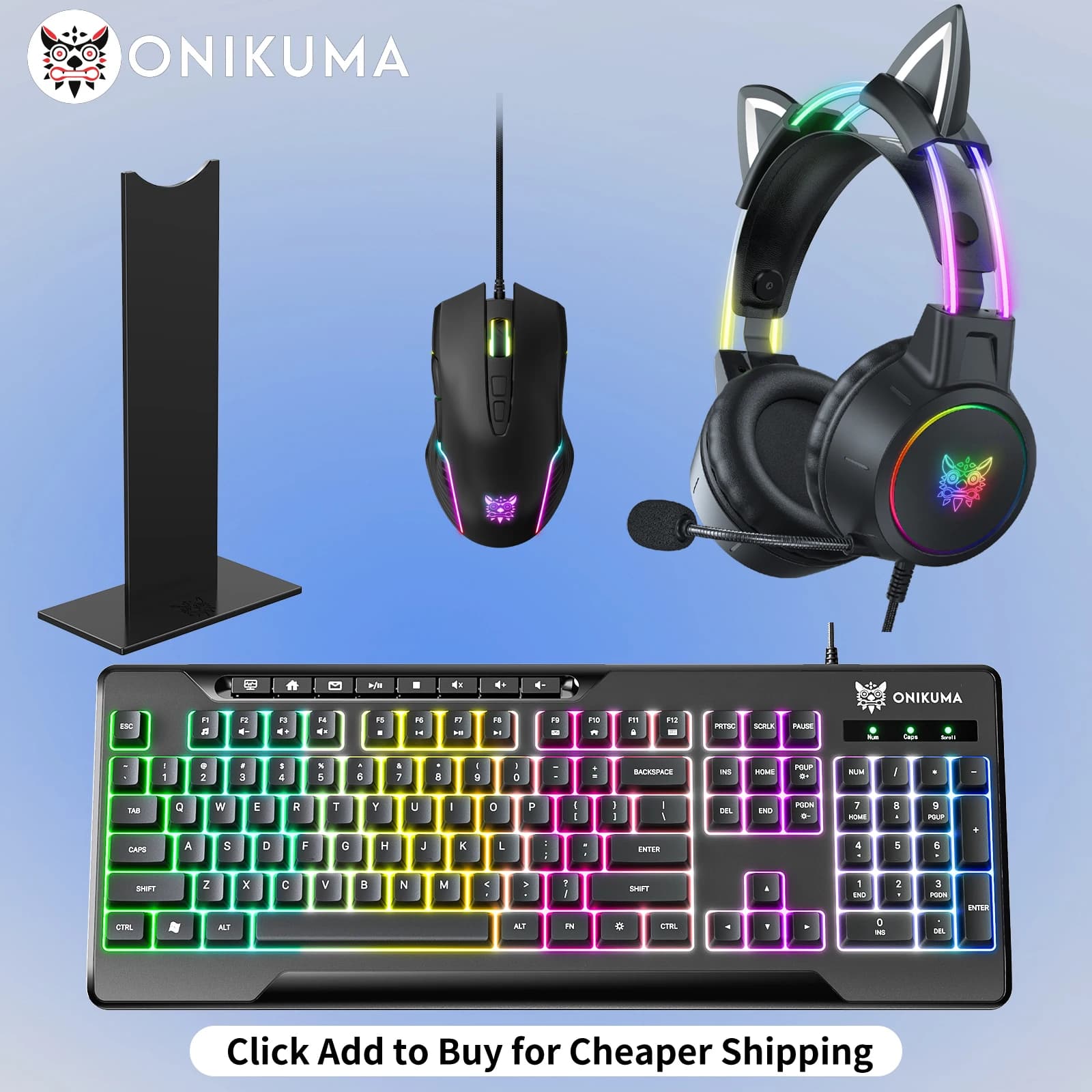 ONIKUMA gaming headphones with dynamic RGB light support for Mouse with detachable cat ears package Esports wired headphones with PC microphone