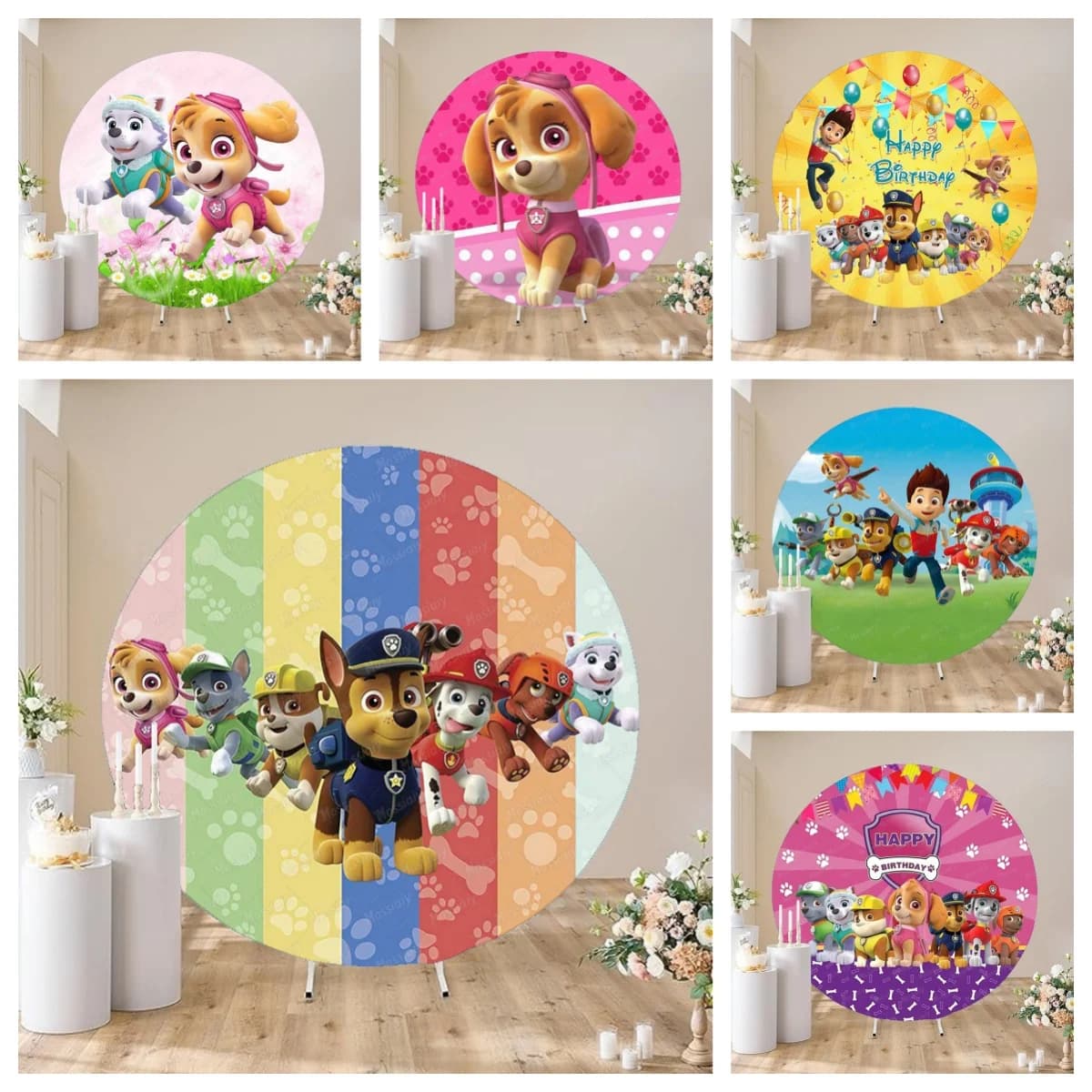 Round Paw Patrol Dogs Theme Backdrop Cover For Boy Girl Birthday Party Children Photography Background Baby Shower Decor Banner