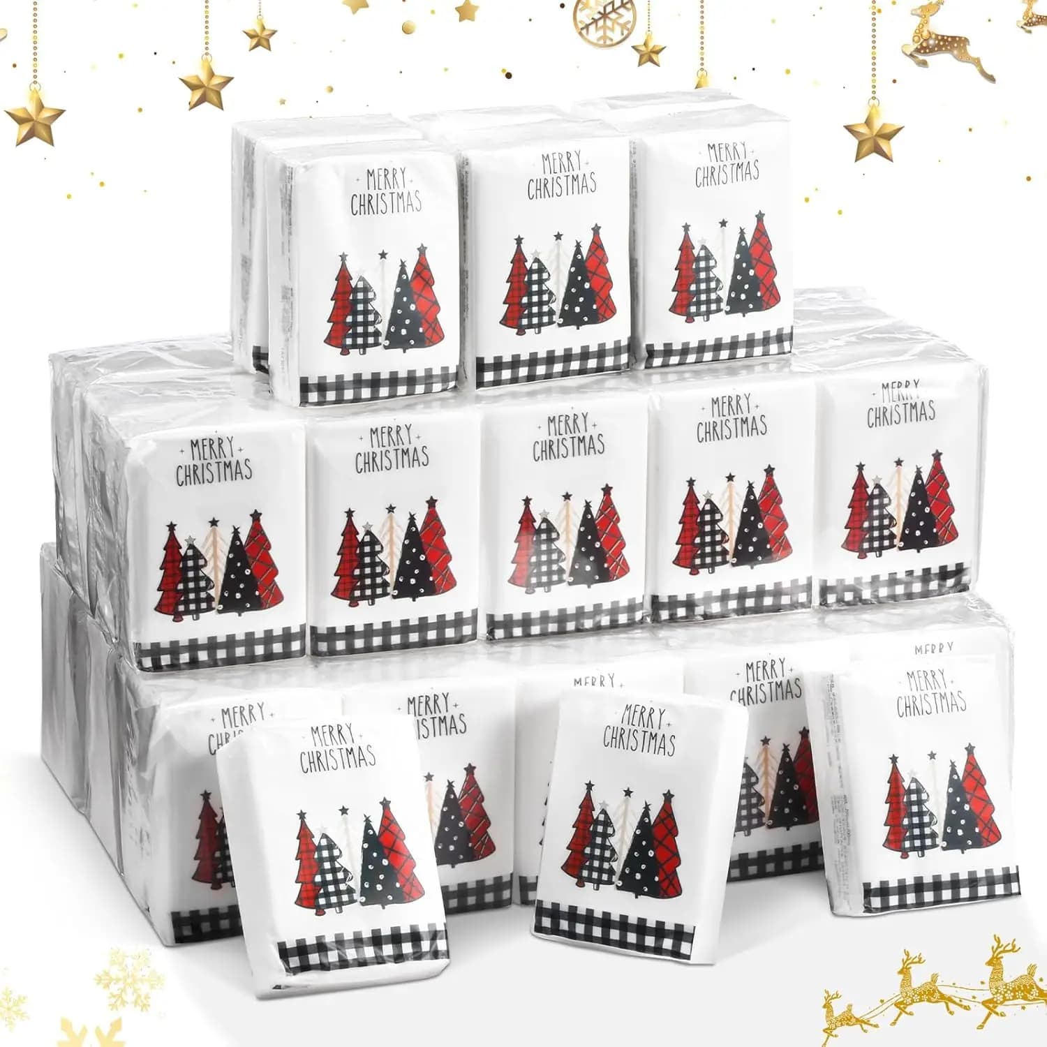 Fazzoletti Tascabili Natalizi in Confezione Multipla, Fazzoletti da Viaggio a 3 Veli con Motivi Natalizi in Bianco, Nero e Rosso, Albero di Natale, Confezioni Individuali