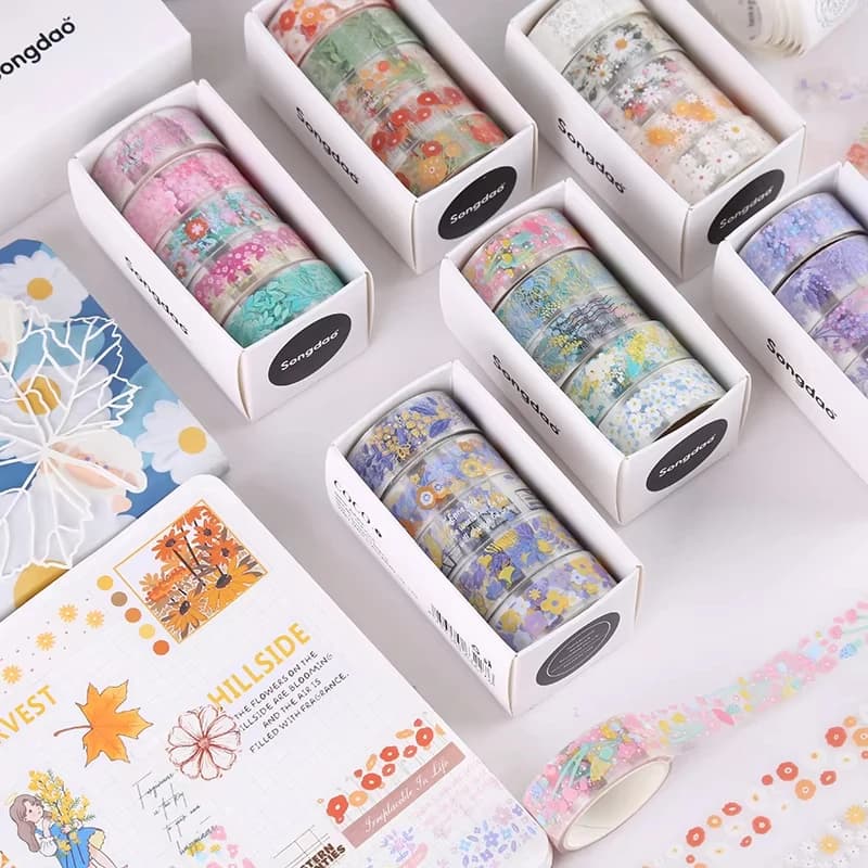5Rolls Colorful Flowers Transparent Sticker Tape DIY Decorative PET Material Tape For Arts Sketchbook Stickers School Supplies