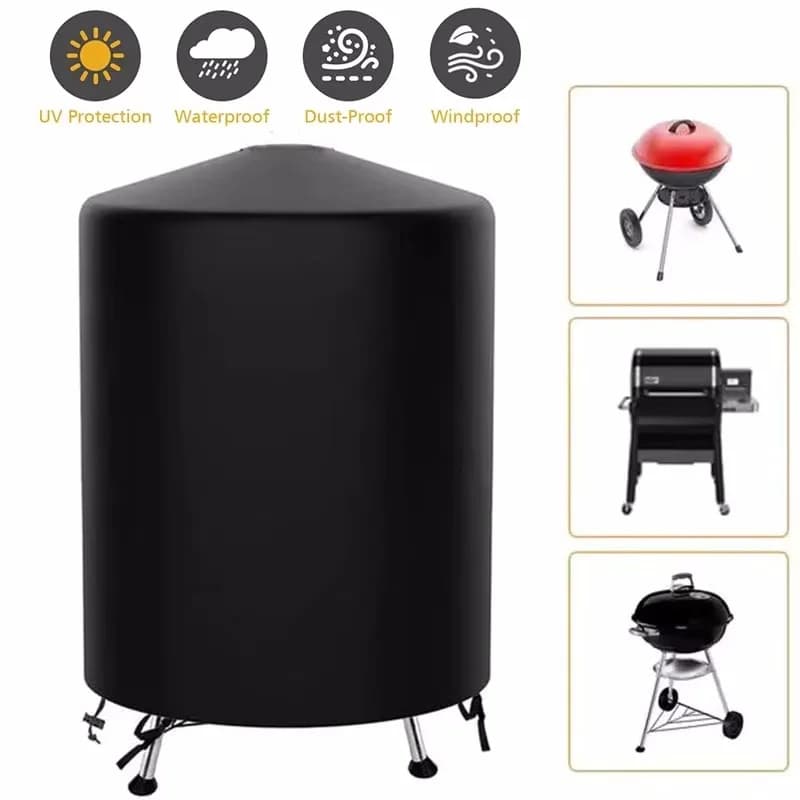 Outdoor Black Waterproof BBQ Cover Heavy Duty Dust Protective Grill Cover Fire Pit Stove Round Gas Charcoal Electric BBQ Cover