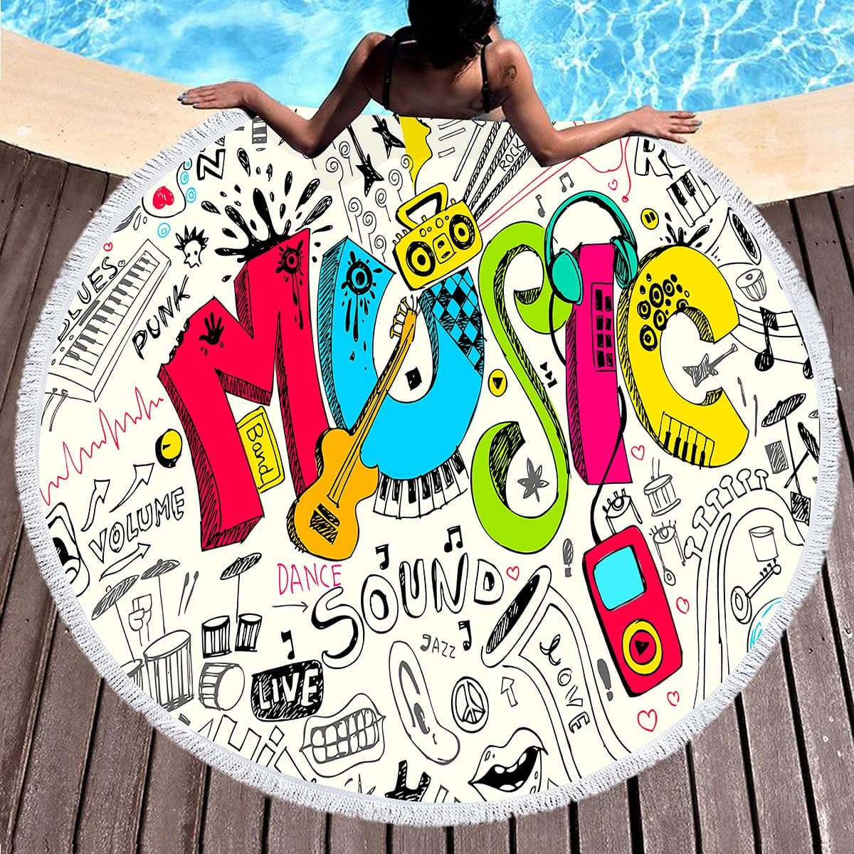 Music note Round beach towel Musical theme towel Picnic towel Fast drying beach towel for pool Camping Hiking Sports Yoga