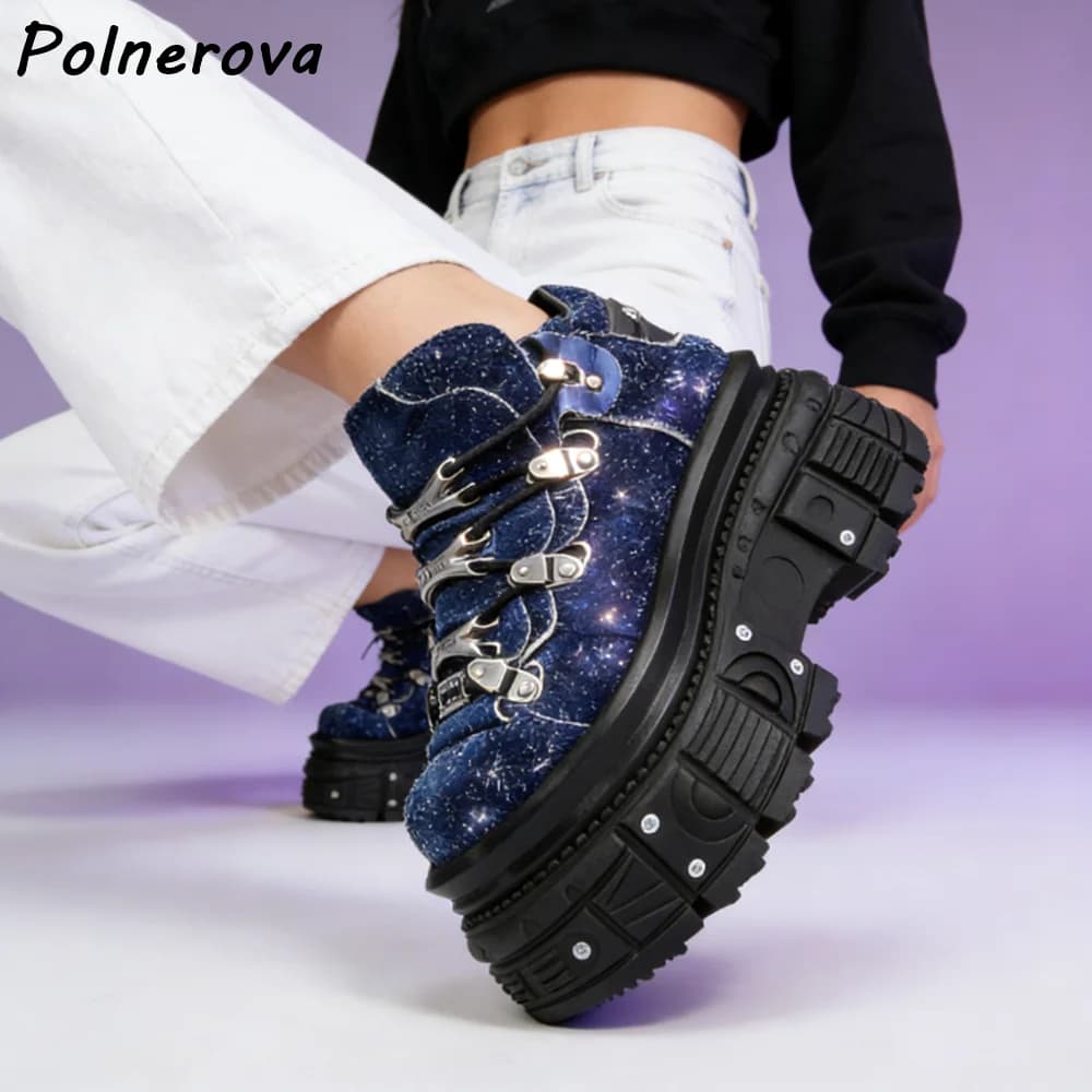 Scarpe con Tacco Alto da Donna, Nere e Blu Scuro, Suola Spessa, Allacciatura Incrociata, Punta Rotonda, Stile Cool, Multicolore