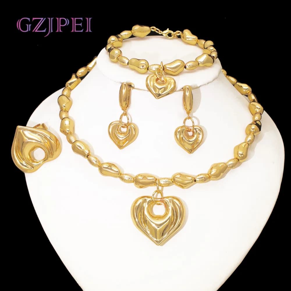 GZJPEI 2025 New Lover Heart Jewelry Set Exquisite Metal Beads Charms Bracelet Hearts Pendant Necklace Trendy Christmas Gifts