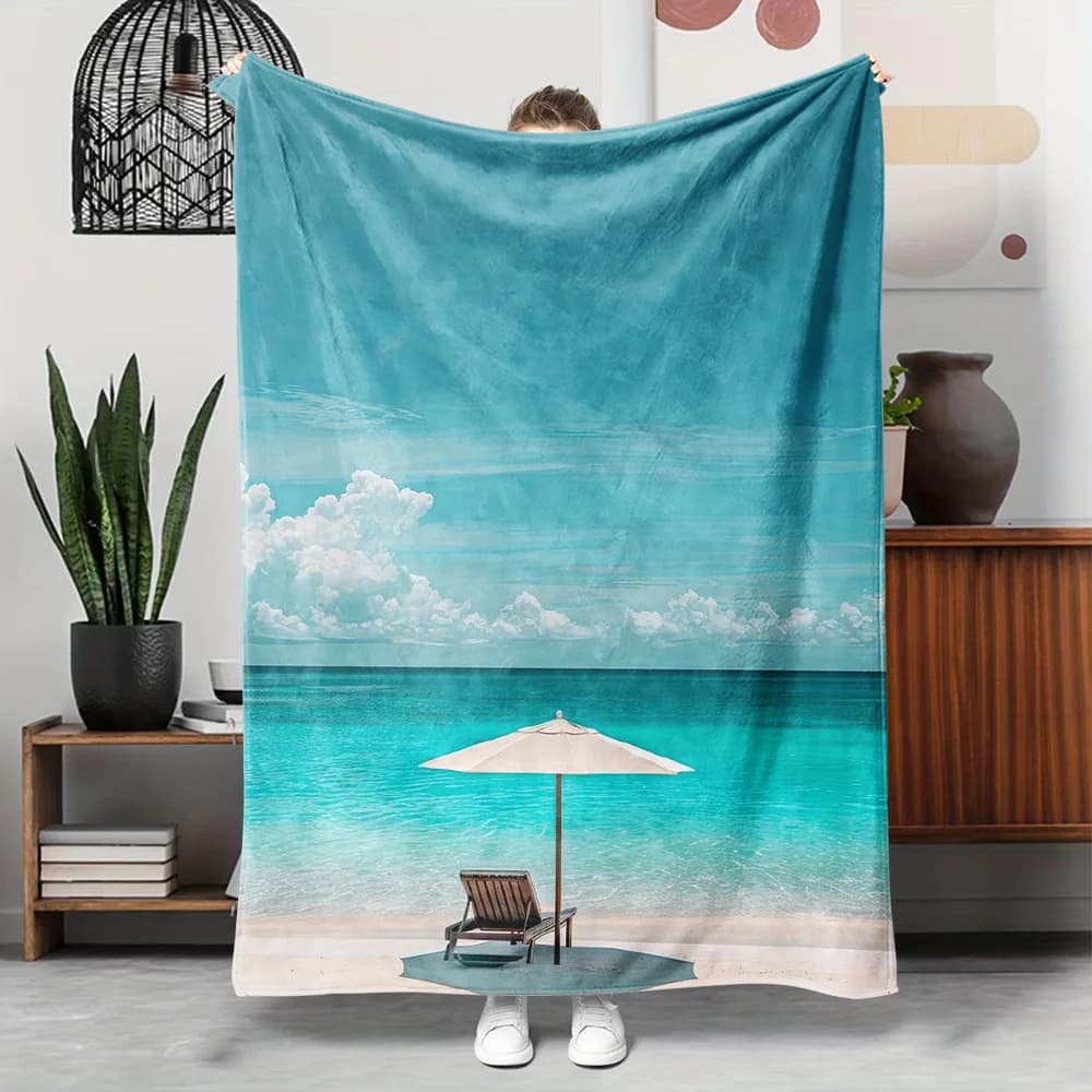 1pc Turquoise Blue & Turquoise Turquoise Plush Flannel Blanket - Lightweight All-Season Soft Bedspread with Blue Beach