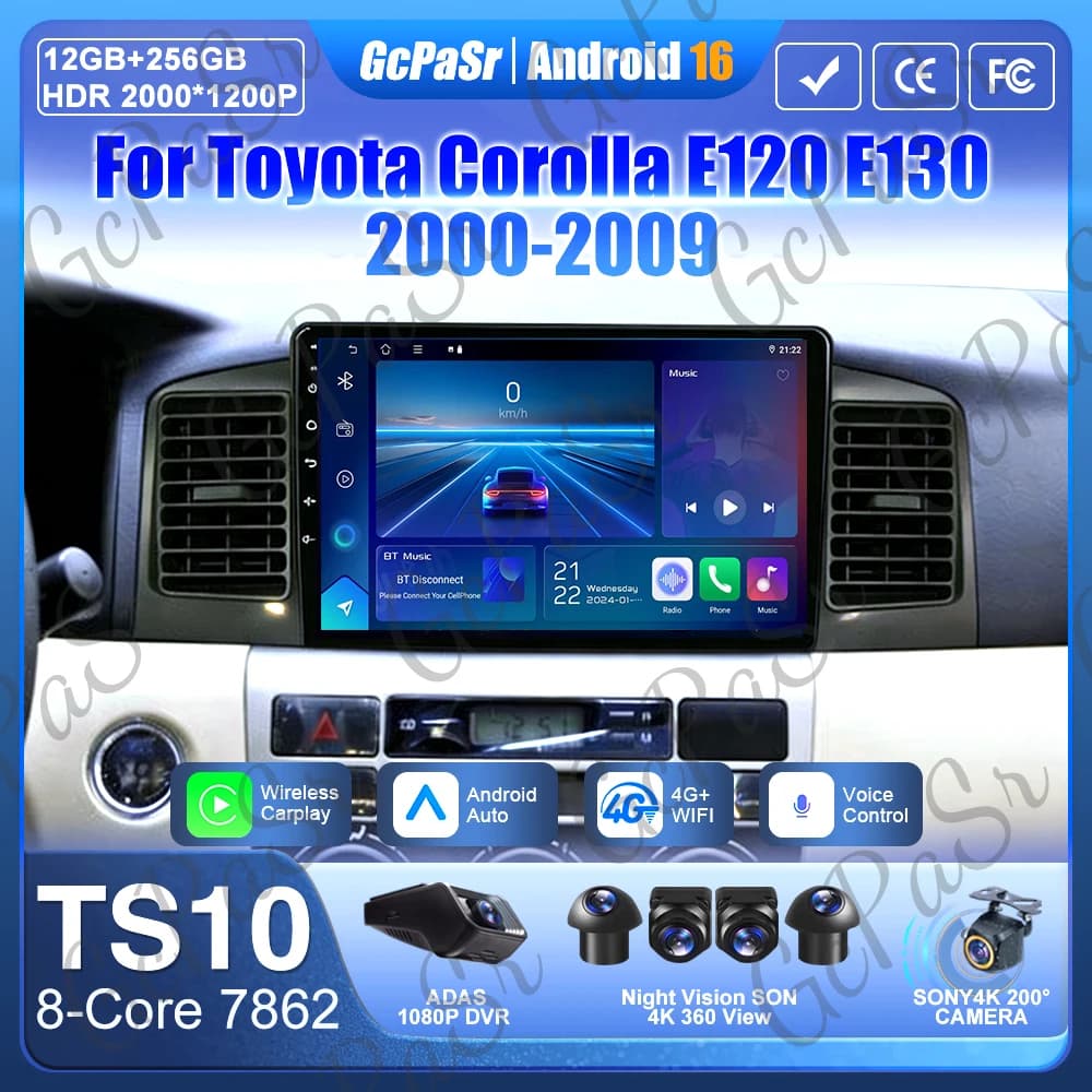 Car Radio Android 16 For Toyota Corolla E120 E130 2000-2009 GPS Navigation Stereo Multimedia Player Android Auto Carplay 5G DVD