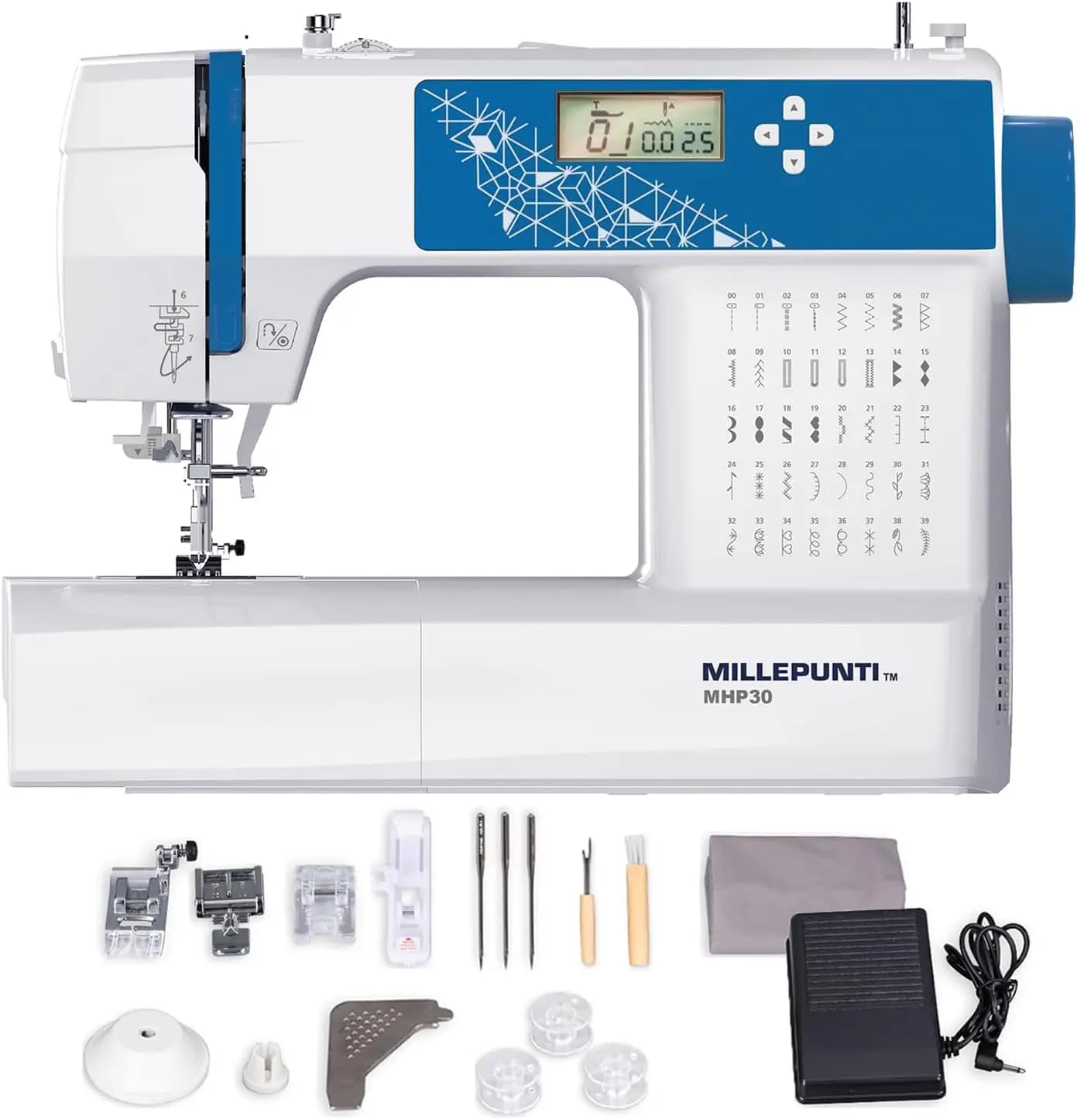 Macchina da cucire computerizzata con ampio display LCD, quaranta punti integrati, kit di accessori, infilatore automatico dell'ago per principianti e anziani