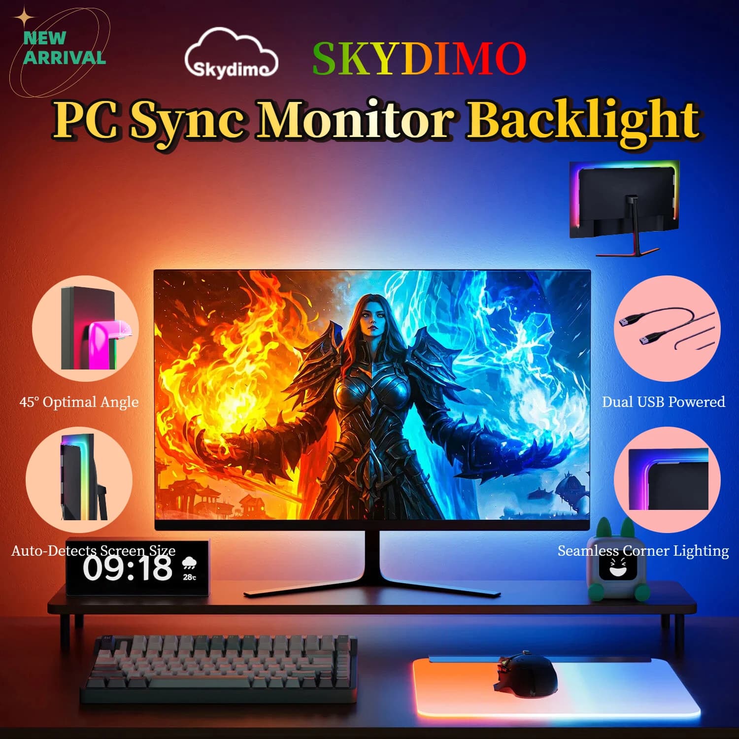 Aggiorna la retroilluminazione del PC RGB per monitor da 24-34 pollici, luce a LED con sincronizzazione in tempo reale, modalità reattiva musicale, regalo di Natale per i giocatori