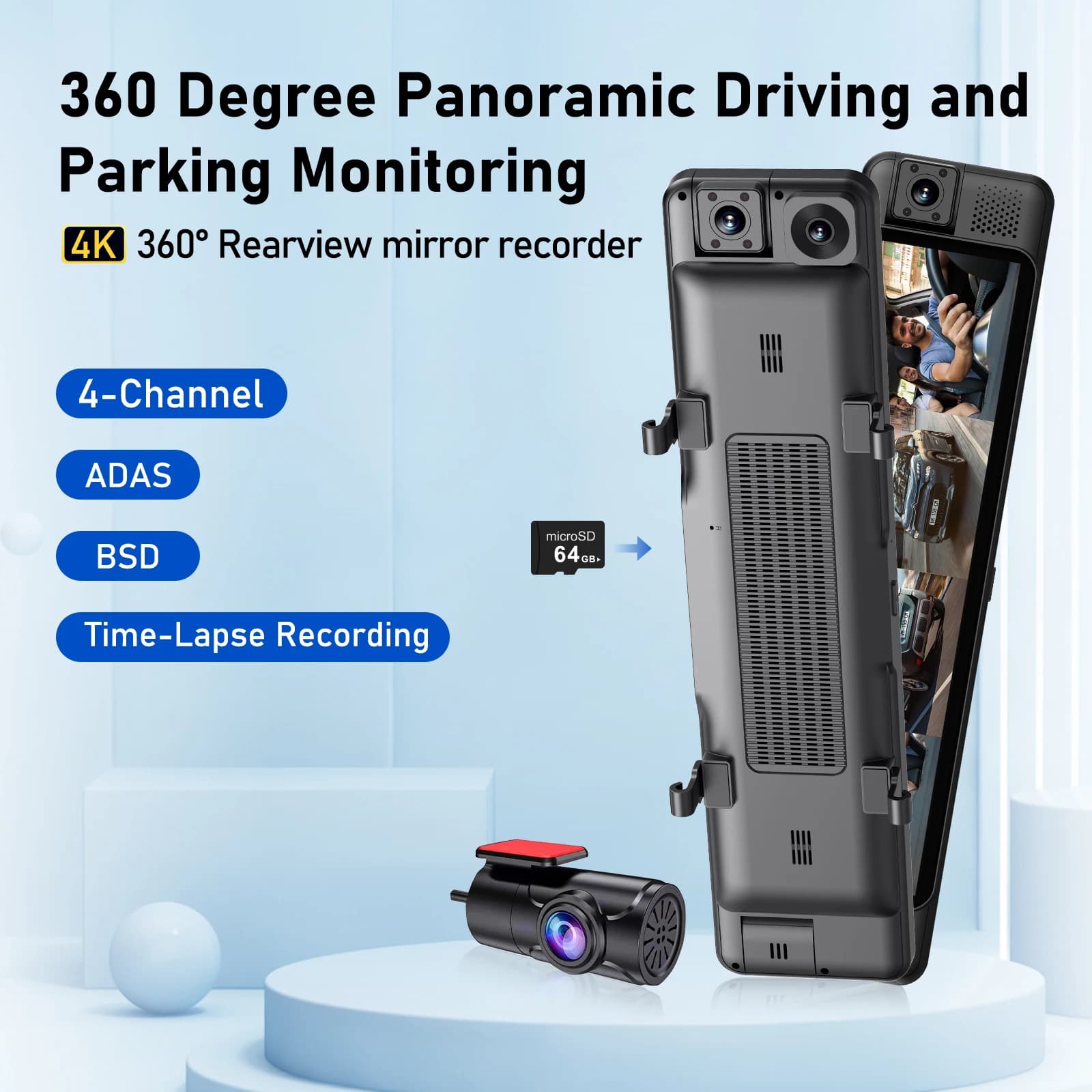 Adinkam 4CH 11" 4K+1K+1K+1K 360 ° Dash Cam a specchio ADAS BSD LCA WiFi Visione notturna 24 ore Monitor di parcheggio Time-Lapse DVR