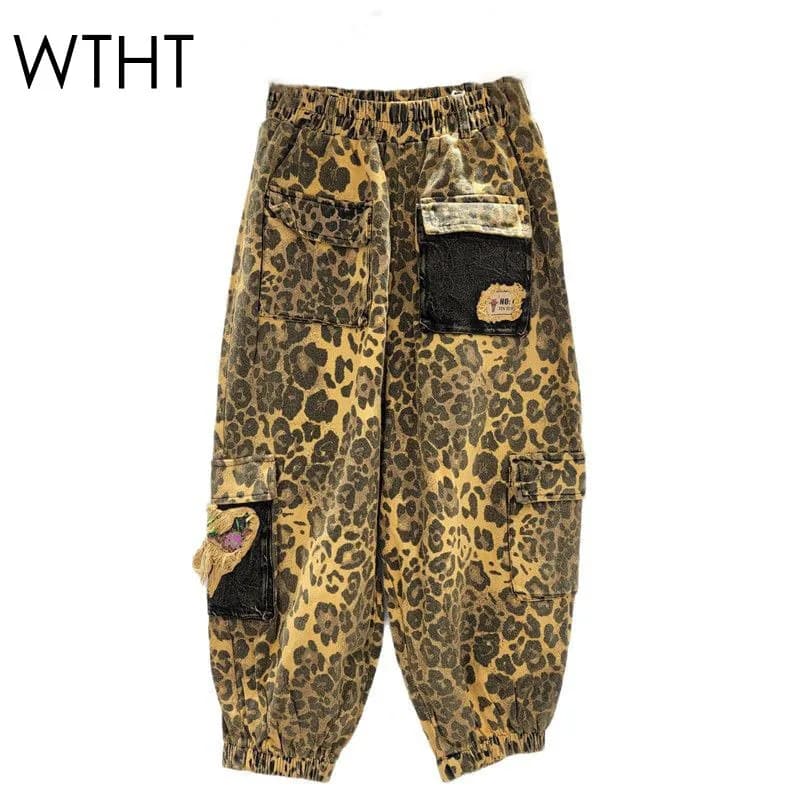 WTHT delle Nuove Donne Dell'annata Della Stampa Del Leopardo Patchwork A Vita Alta Jeans Moda 2025 Estate Allentato Casuals Pantaloni In Denim Femminile 1LS1498