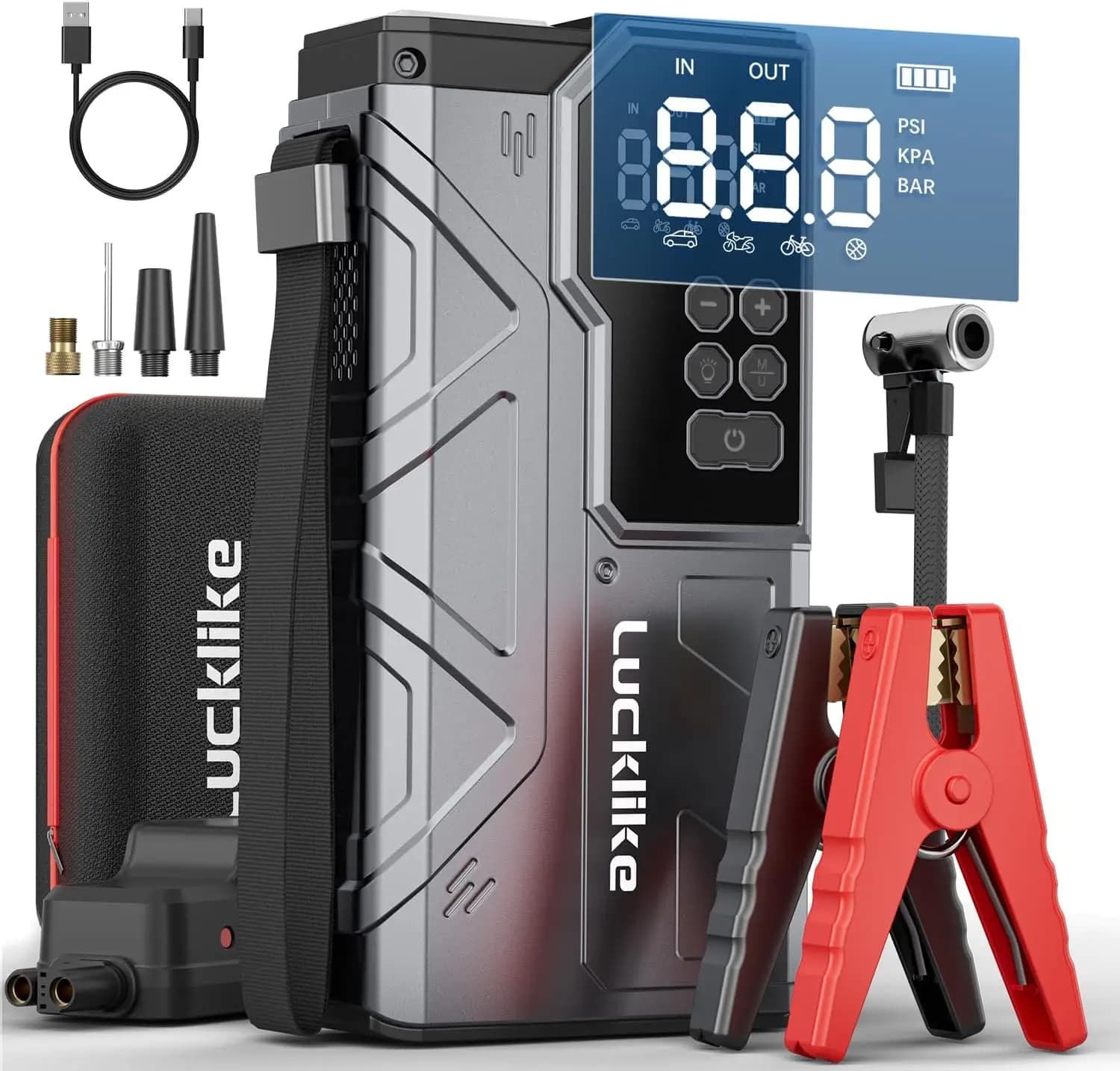Avviatore di emergenza con compressore d'aria, 4000 A, scatola di emergenza portatile 12 V per gas e diesel, gonfiatore di pneumatici con rilevamento della pressione, 3 in 1 F