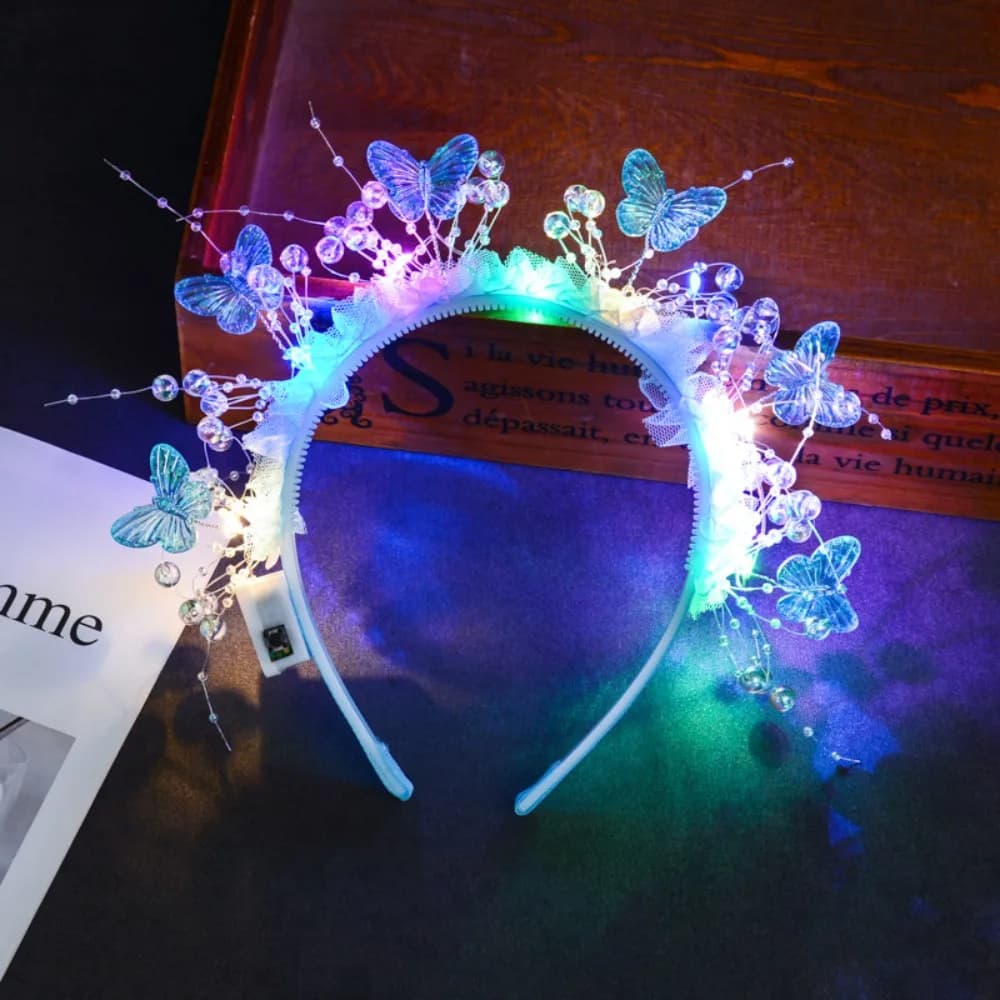 Fascia per Capelli LED Luminosa con Decorazione a Farfalla, Stile Fatato con Decorazione Floreale
