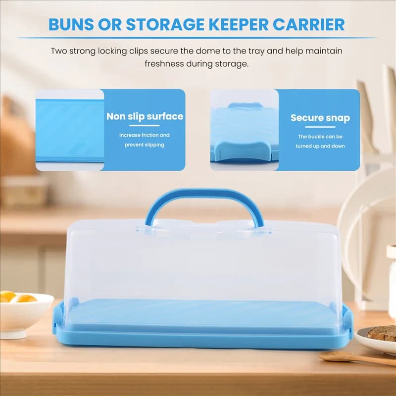 MLGB-Portable Bread Box With Handle Loaf Cake Container Plastic Rectangular Food Storage Keeper Carrier 13Inch Translucent Dome