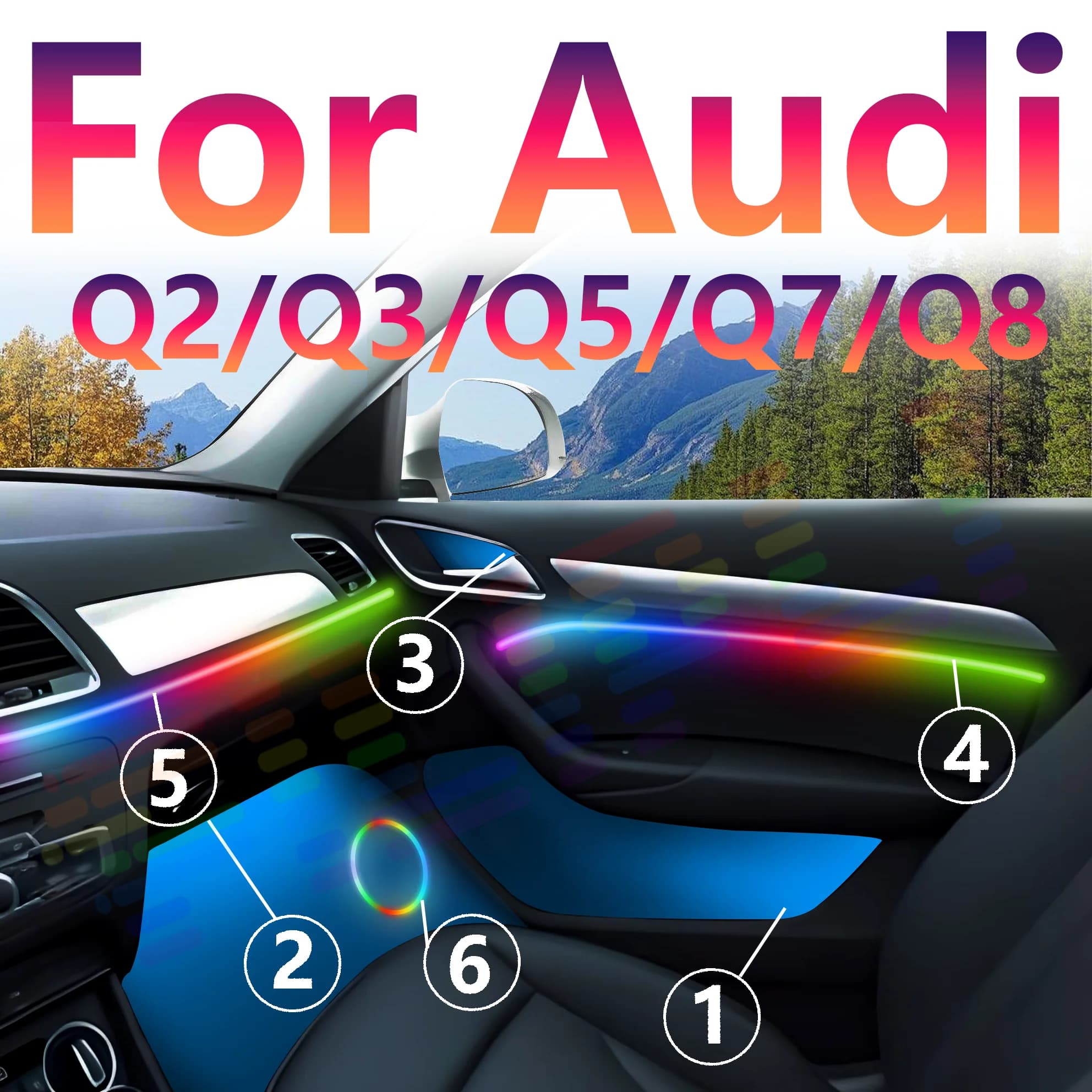 Per Audi Q2/Q3/Q5/Q7/Q8 Decorazione Lampada Atmosfera 128 Colori RGB Sinfonia Auto Luce Ambientale Interni Acrilico Guida LED Strip