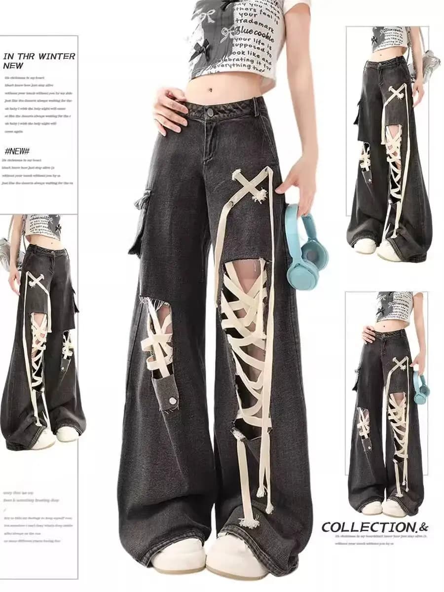 New Plus Size Black Strap Hole Jeans Woman Summer Fat Mm Design Sense High Waist Straight Cut Loose Wide-leg Trousers