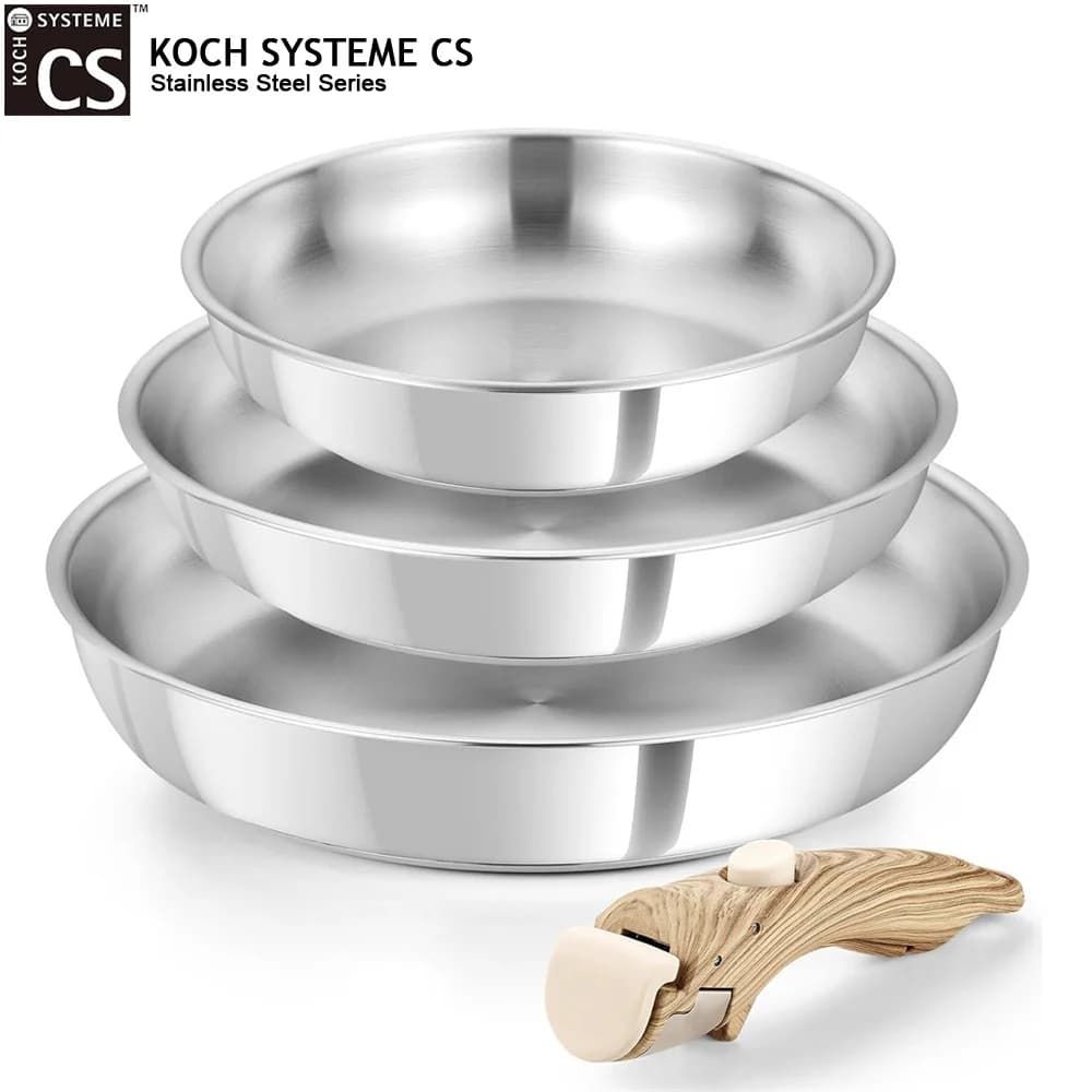 KOCH SYSTEME CS Set di 4 Padelle in Acciaio Inox 8" 9.5" 11" con Manici Rimovibili, Padelle Tri-Ply in Acciaio per Cucina