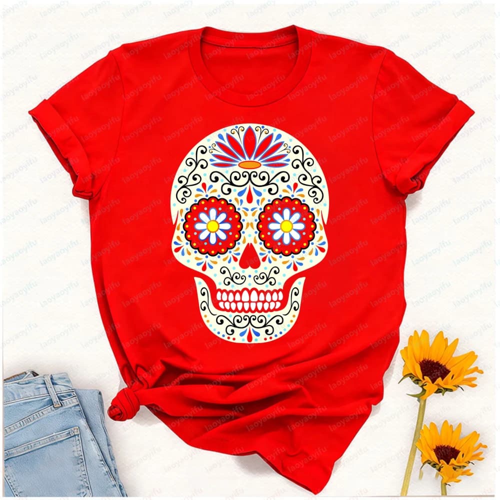 T-shirt con Grafica Teschio di Zucchero Floreale Ornato, Stampa Messicana per il Giorno dei Morti, Manica Corta, Casual, Streetwear, Moda, Top per Uomo Donna