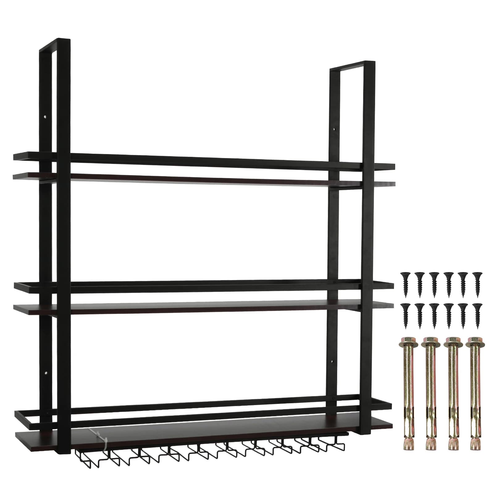 Mensola a 3 livelli da parete per bottiglie di liquori, scaffale galleggiante in metallo per vino con porta bicchieri per cucina, sala da pranzo, casa