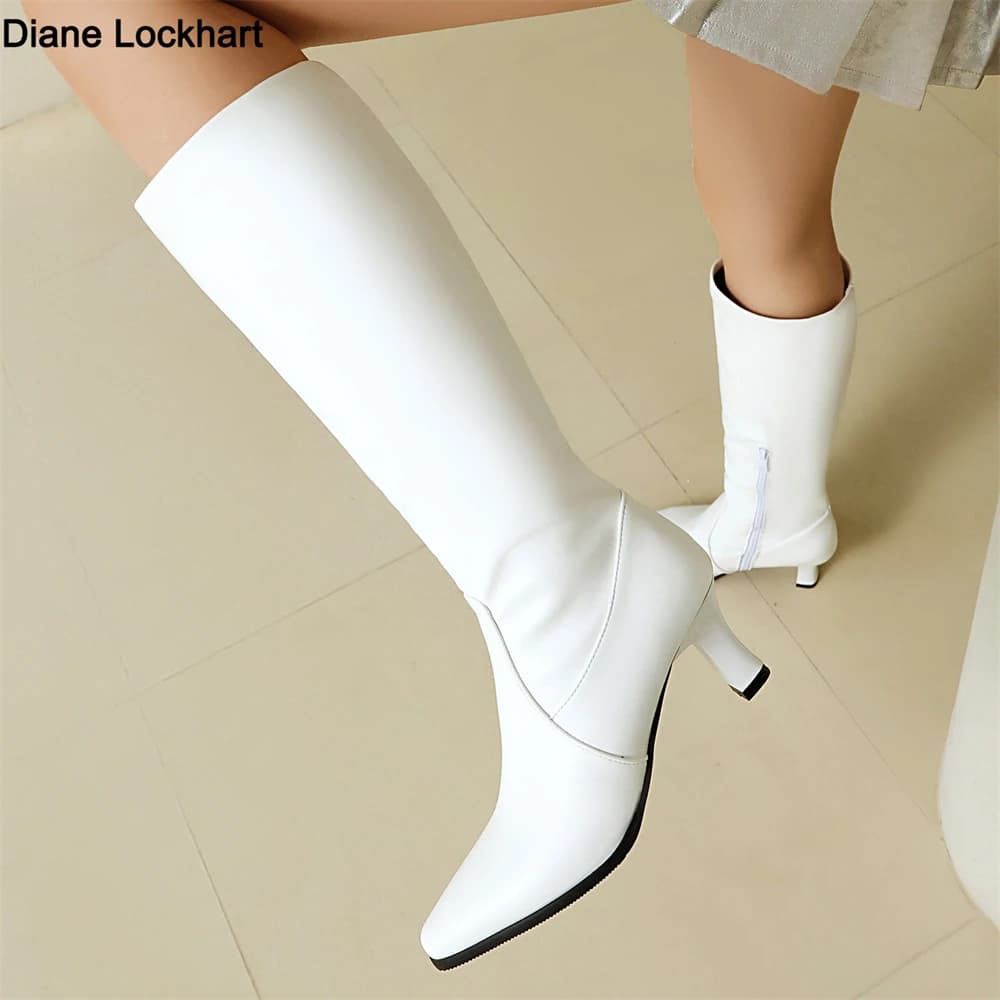 Autunno Inverno Donna Stivali alti al ginocchio Tacco grosso a spillo Abito sexy Casual Party Lady Bianco Nero Stivali lunghi con cerniera a punta