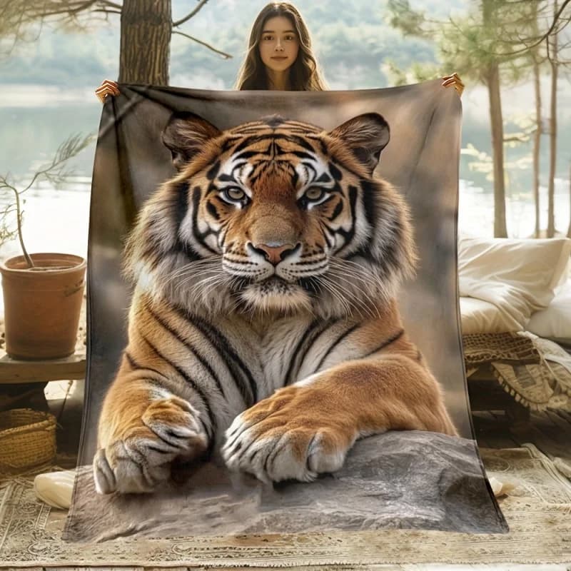 Realistic Tiger Print Flannel Blanket Wild Animal Cozy Warm Large Sofa Bed Travel Throw Blanket