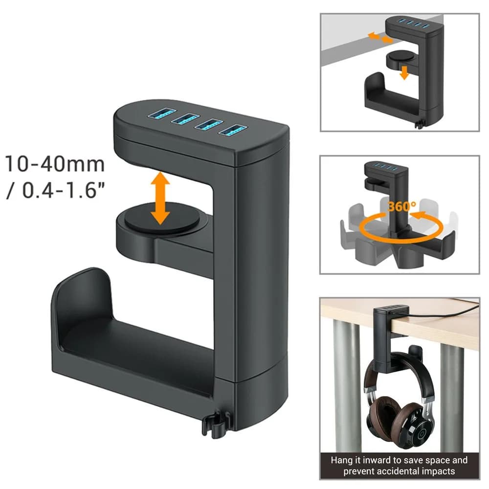 Rotating Headphone Stand PC Gaming Headset Holder, Adjustable Clamp-on Under Desk Hanger With USB Ports & Cable Clip Organizer