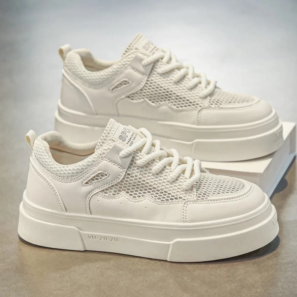 Scarpe bianche traspiranti in pelle e rete 2026 da donna con suola spessa, scarpe con rialzo, leggere, casual e sportive