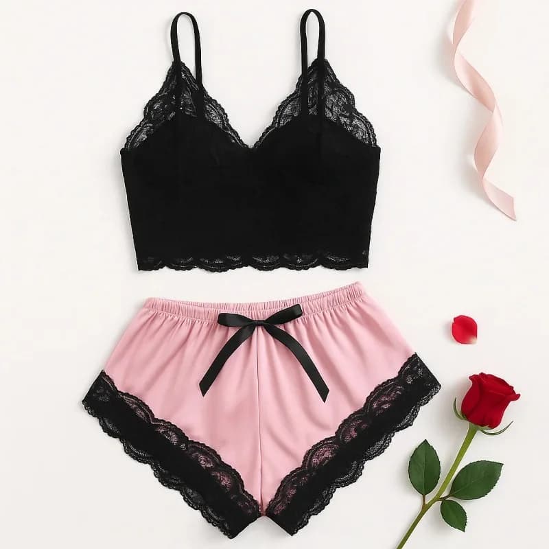 Women's Satin Pajama Set Lace Cami Top and Shorts Sexy Lingerie Sleepwear 2pcs Summer Breathable Nightwear Black And Pink