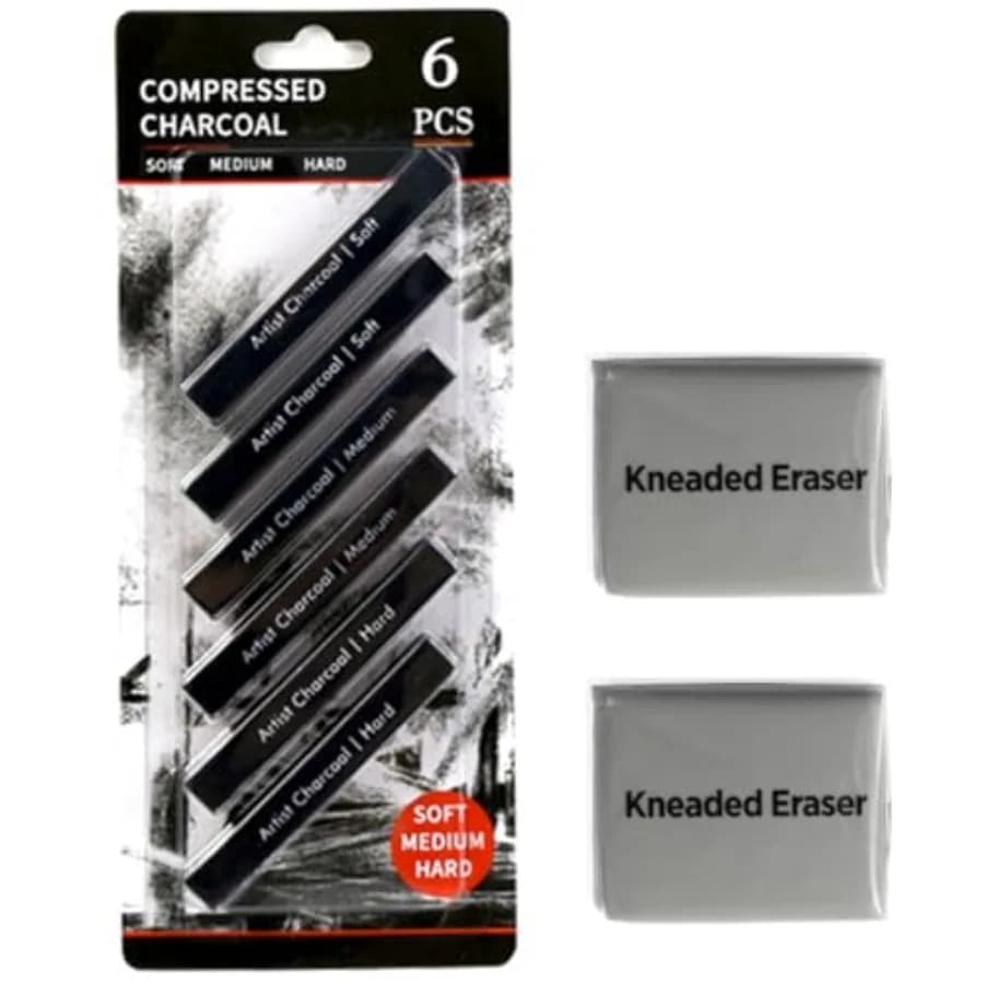 Compressed Charcoal Sticks 6 PCS, Kneaded Rubber Erasers Large Size 2 Pack, Square Vine Charcoal Rod Set of 8 for Back to Schoo
