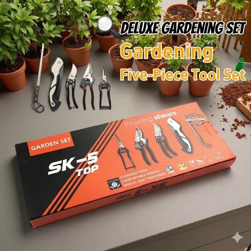 Set di 5 Attrezzi da Giardino in Acciaio SK5, Cesoie per Potatura Resistenti, Sega Pieghevole, Troncarami, Forbici da Potatura, Utensili Manuali per la Cura delle Piante con Scatola