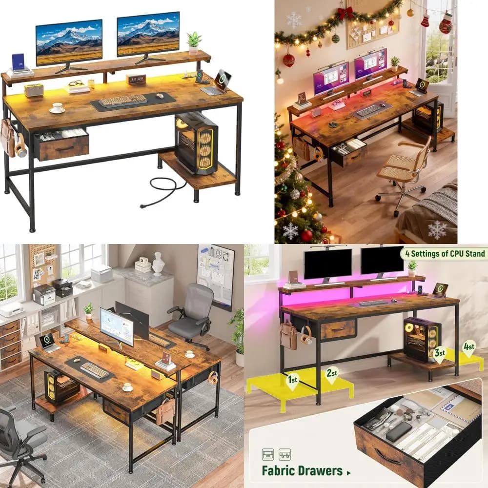 39.3 inch large desk with power outlet, gaming desk with support for CPU and LED lights, ergonomic desk with monitor support for small spaces, Rusti