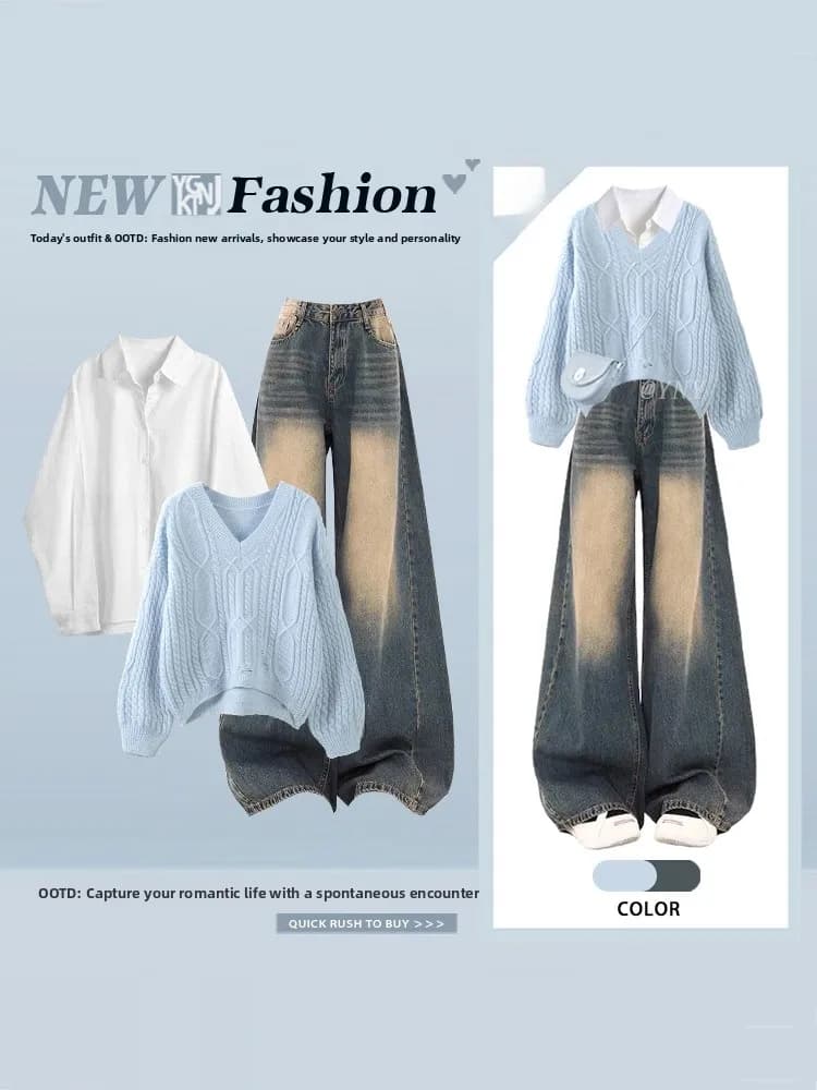 Set Coreano di Maglione Lavorato a Maglia e Jeans a Vita Alta a Gamba Larga, Completo Due Pezzi Modellante Plus Size da Donna, Moda Autunno Inverno