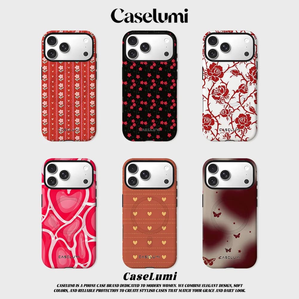 CaseLumi Matte Bumper For Magsafe Case For iPhone 17 16 15 14 Plus 13 Pro Max Shockproof Hard PC Red Floral Stripes Cover
